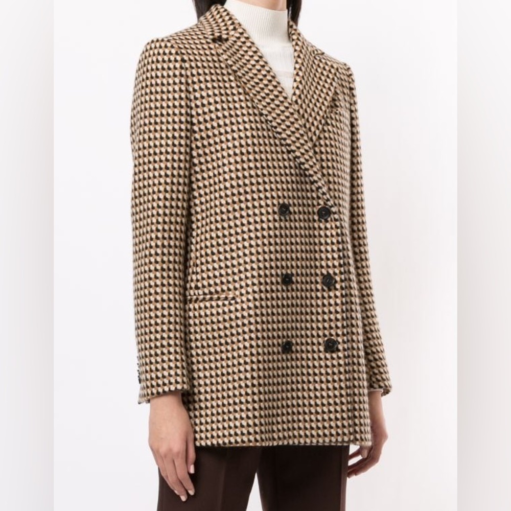 Emmanuelle Khanh Wool Houndstooth Double Breasted Jacket Blazer Coat